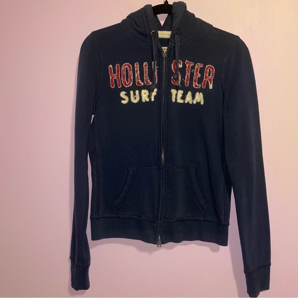 Hollister Y2K Navy Blue Zip-Up Hoodie Sweater Women Size M Embroidered Logo